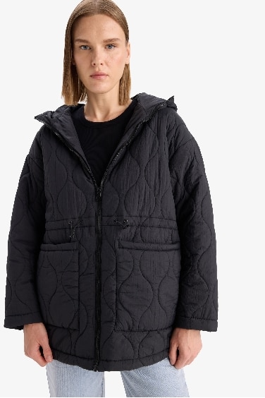 Su Geçirmez Regular Fit Kapüşonlu Fermuarlı Kapitoneli Mont
