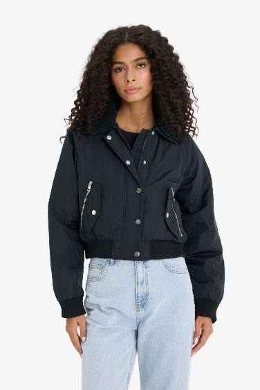Regular Fit Polo Neck Waterproof Crop Jacket