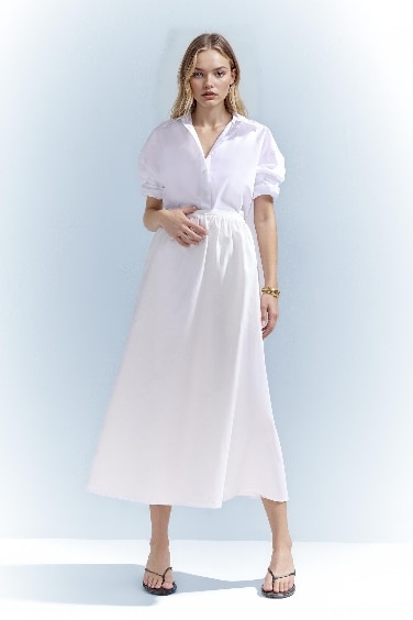 A Kesim Normal Bel Yarım Astar Poplin Midi Etek