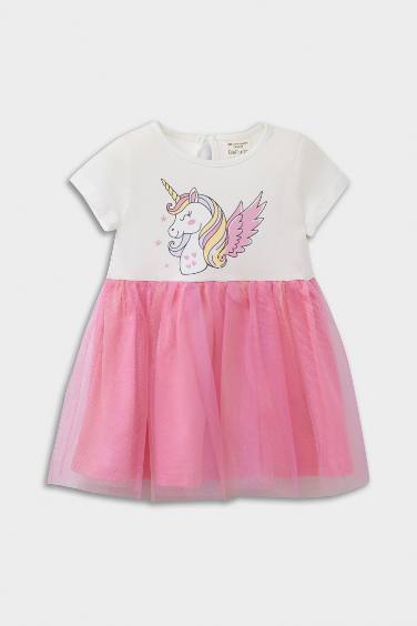 فستان بيبي بناتي تول قصة عادية نص كم بياقة مستديرة