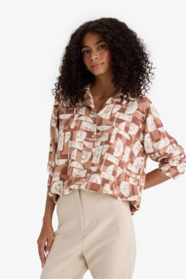 Oversize Fit Shirt Collar Printed Long Sleeve Tunic