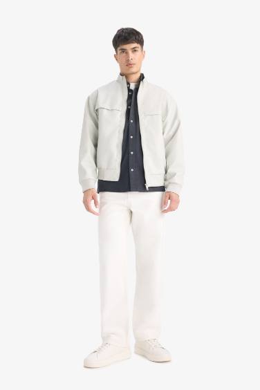 Oversize Fit Stand Collar Zippered Pocket Faux Leather Jacket