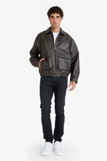 Oversize Fit Polo Collar Faux Leather Jacket