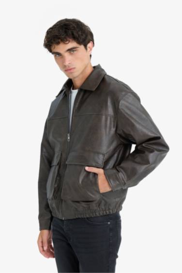 Oversize Fit Polo Collar Faux Leather Jacket
