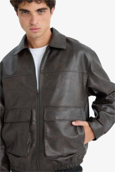 Oversize Fit Polo Collar Faux Leather Jacket