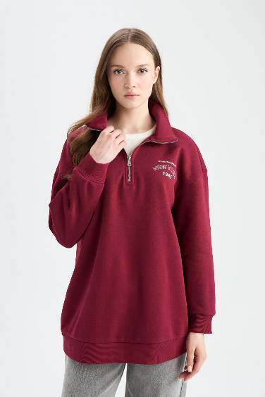Regular Fit Fermuarlı Dik Yaka Baskı Detaylı İçi Yumuşak Tüylü Kalın Sweatshirt Tunik