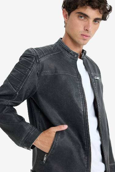 Slim Fit Dar Kesim Dik Yaka Fermuarlı Biker Suni Deri Mont