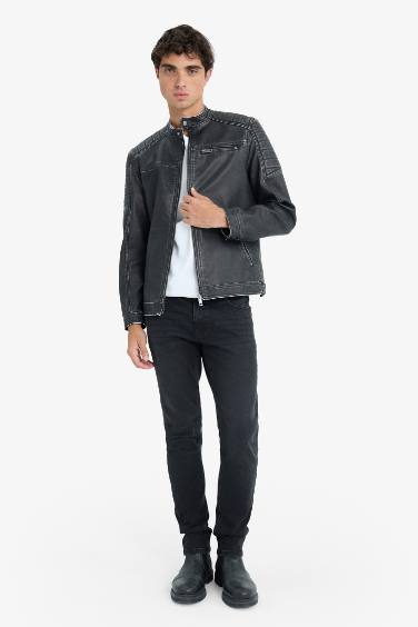 Slim Fit Dar Kesim Dik Yaka Fermuarlı Biker Suni Deri Mont