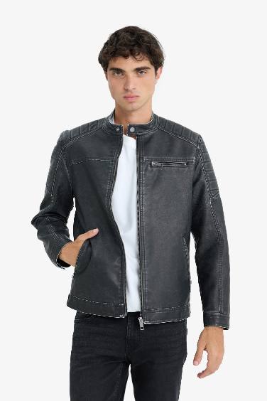 Slim Fit Dar Kesim Dik Yaka Fermuarlı Biker Suni Deri Mont