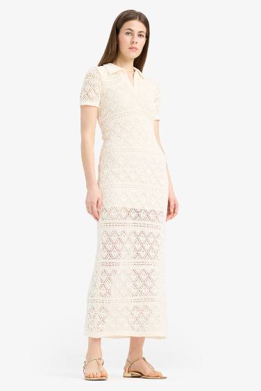 Polo Neck Short Sleeve Lace Maxi Dress