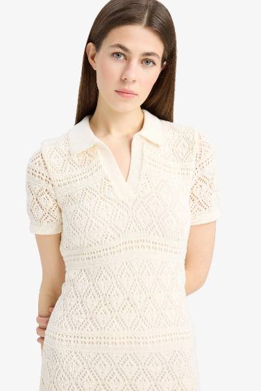 Polo Neck Short Sleeve Lace Maxi Dress