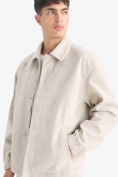 Oversize Fit Shirt Collar Zippered Suede Jacket