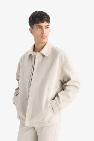 Oversize Fit Shirt Collar Zippered Suede Jacket