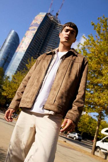 Regular Fit Shirt Collar Zippered Suede Jacket