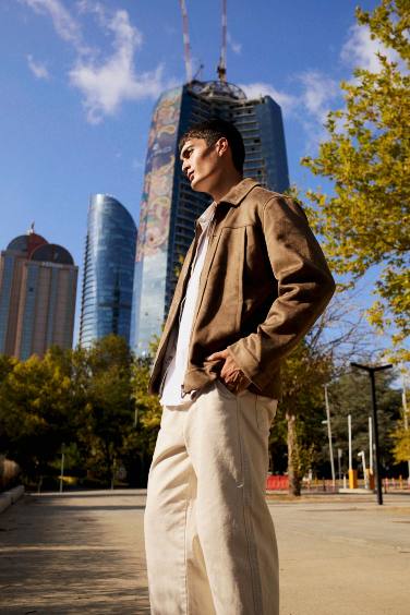 Regular Fit Shirt Collar Zippered Suede Jacket