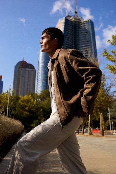 Regular Fit Shirt Collar Zippered Suede Jacket