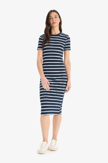 Bodycon Vücudu Saran Bisiklet Yaka Çizgili Fitilli Kaşkorse Kısa Kollu Midi Elbise