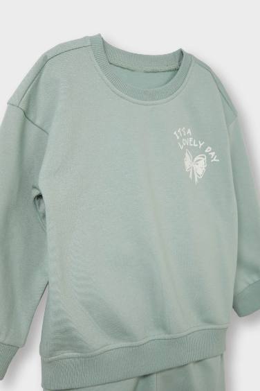 Kız Bebek 2'li Takım İçi Yumuşak Tüylü Baskılı Sweatshirt Eşofman Altı