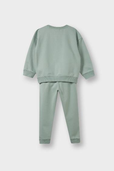 Kız Bebek 2'li Takım İçi Yumuşak Tüylü Baskılı Sweatshirt Eşofman Altı