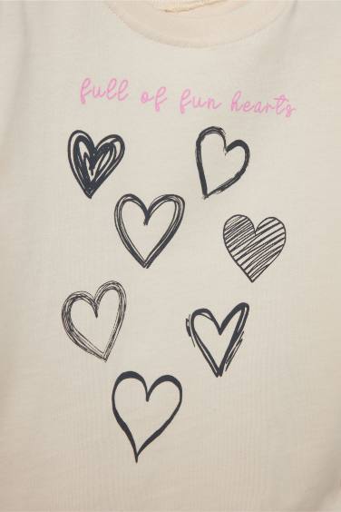 Kız Bebek Bisiklet Yaka Kalp Desenli 2'li Uzun Kollu Tişört