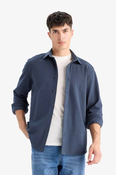 Regular Fit Polo Yaka Penye Uzun Kollu Gömlek