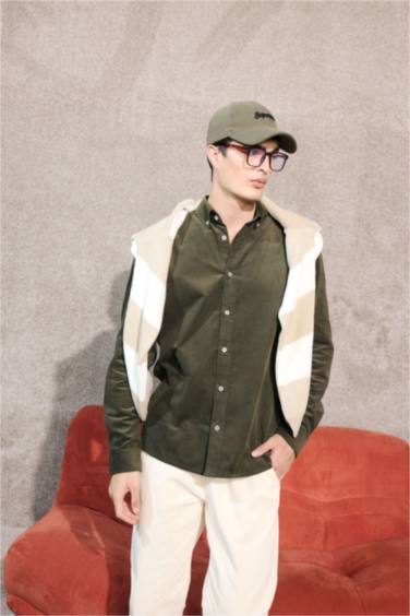 Regular Fit Polo Yaka Fitilli Kadife Uzun Kollu Gömlek