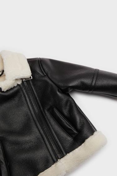 Baby Girl Windproof Waterproof Faux Leather Plush Lining Jacket