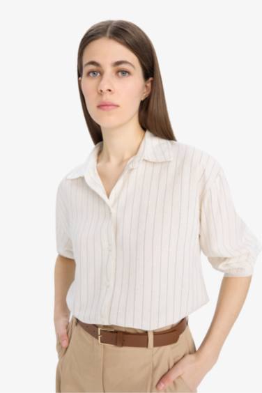 Loose Fit Çizgili Keten Karışımlı Uzun Kollu Gömlek