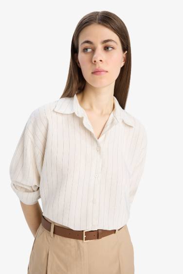 Loose Fit Çizgili Keten Karışımlı Uzun Kollu Gömlek