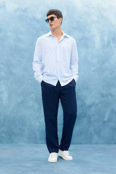 Modern Fit Polo Yaka Çizgili Krinkıl Uzun Kollu Gömlek