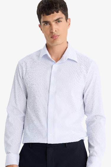 Modern Fit Polo Yaka Çizgili Krinkıl Uzun Kollu Gömlek