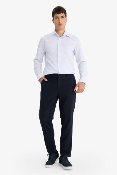 Modern Fit Polo Yaka Çizgili Krinkıl Uzun Kollu Gömlek