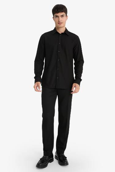 Slim Fit Dar Kesim Polo Yaka Penye Uzun Kollu Gömlek