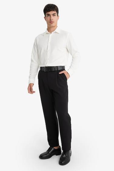 Slim Fit Dar Kesim Polo Yaka Penye Uzun Kollu Gömlek