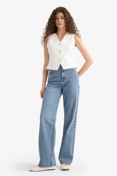 بنطرون جينز وايد ليج برجل واسع بخصر عالي وتأثير باهت