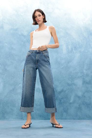 Baggy Fit Yüksek Bel Katlamalı Paça Jean Pantolon