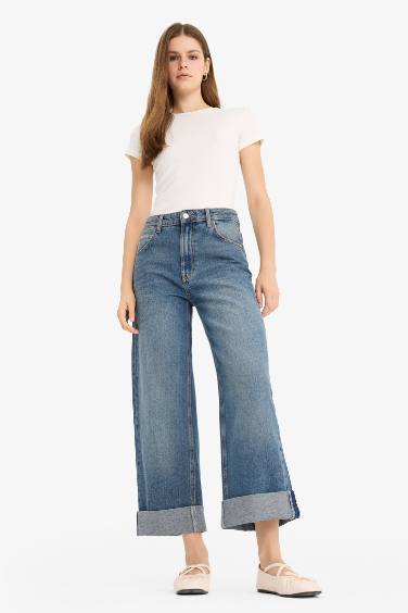 Baggy Fit Yüksek Bel Katlamalı Paça Jean Pantolon