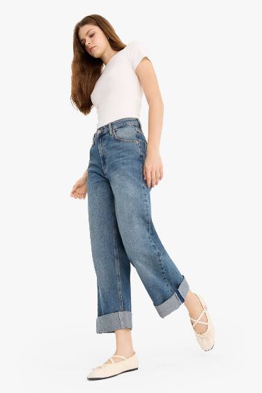 Baggy Fit Yüksek Bel Katlamalı Paça Jean Pantolon
