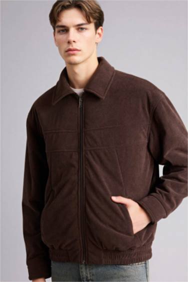 Oversıze Gömlek Yaka Fermuarlı Kadife Mont