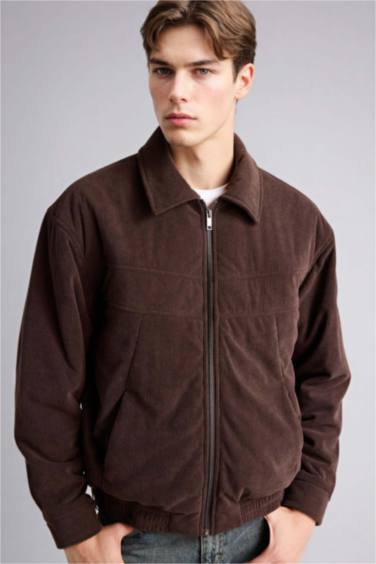 Oversıze Gömlek Yaka Fermuarlı Kadife Mont