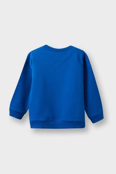 Erkek Bebek Bisiklet Yaka Baskılı İçi Yumuşak Tüylü Sweatshirt