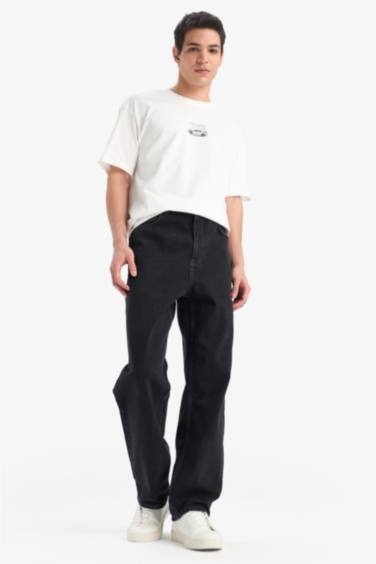 %100 Pamuk Baggy Fit Geniş Kalıp Normal Bel Geniş Paça Siyah Jean Pantolon