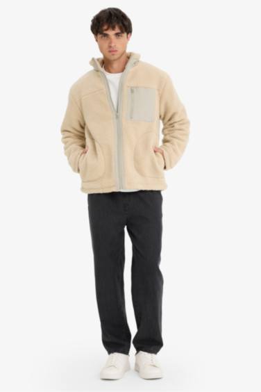 Regular Fit Stand Collar Zippered Plush Jacket