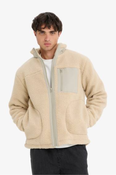 Regular Fit Stand Collar Zippered Plush Jacket