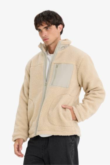 Regular Fit Stand Collar Zippered Plush Jacket