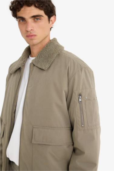 Su İtici Oversize Geniş Kalıp Gömlek Yaka Fermuarlı Peluş Yaka İç Cepli Mont