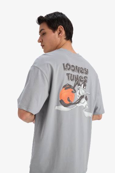 تيشيرت قطن أوفر سايز مطبوع برقبة مستديرة من لوني تونز