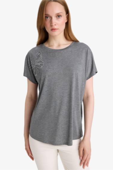 Crew Neck Stone Printed Short Sleeve T-shirt