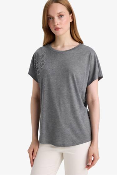 Crew Neck Stone Printed Short Sleeve T-shirt