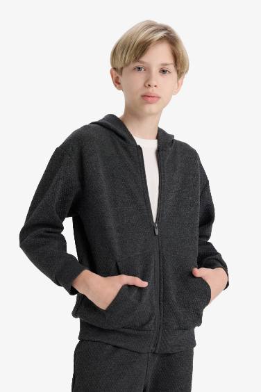 Boy Hooded School Zippered Sweatshirt